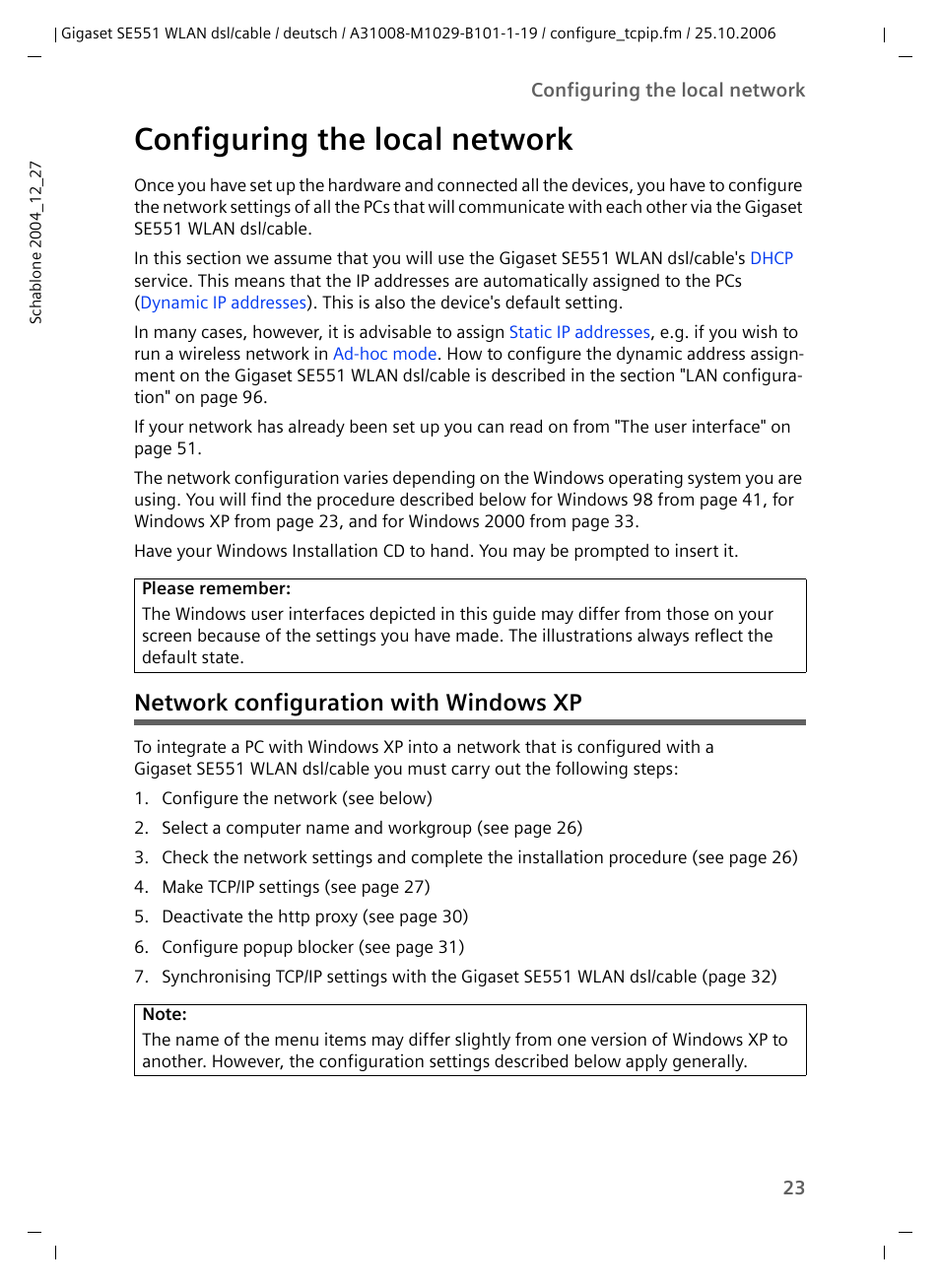 Configuring the local network, Network configuration with windows xp | Siemens gigaset SE551 User Manual | Page 25 / 175