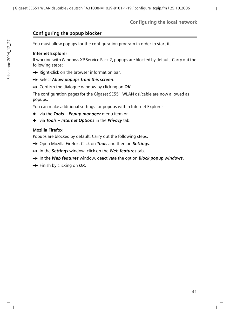 Configuring the popup blocker | Siemens gigaset SE551 User Manual | Page 33 / 175