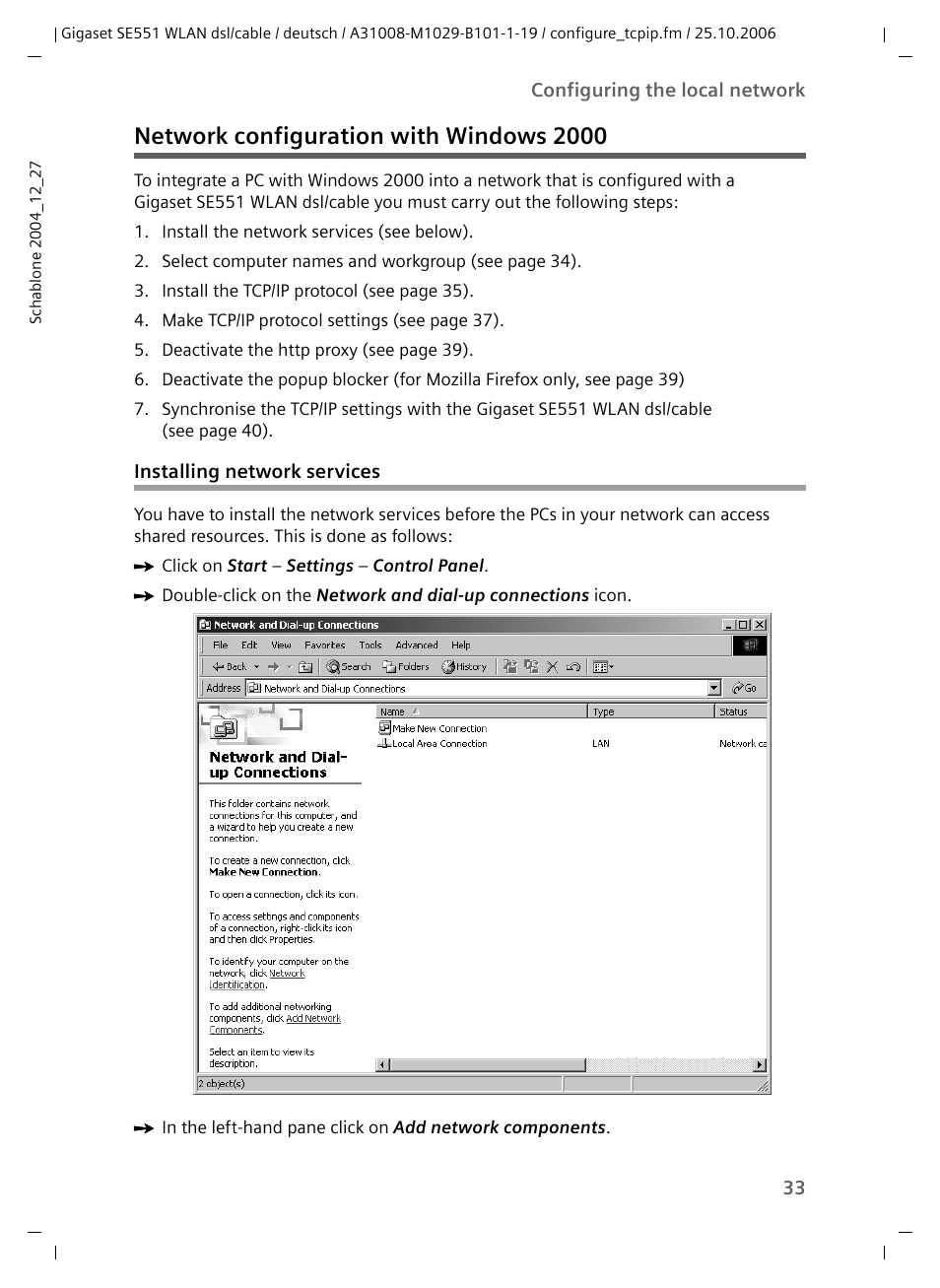 Network configuration with windows 2000, Installing network services | Siemens gigaset SE551 User Manual | Page 35 / 175