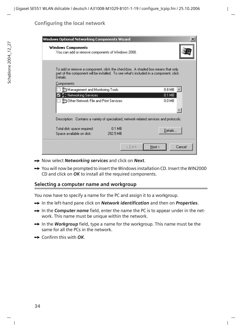 Selecting a computer name and workgroup | Siemens gigaset SE551 User Manual | Page 36 / 175