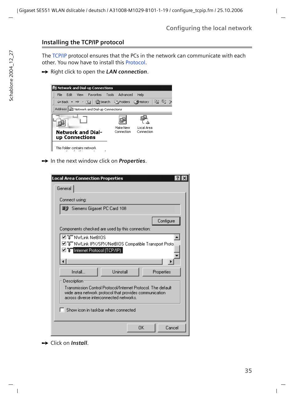 Installing the tcp/ip protocol | Siemens gigaset SE551 User Manual | Page 37 / 175