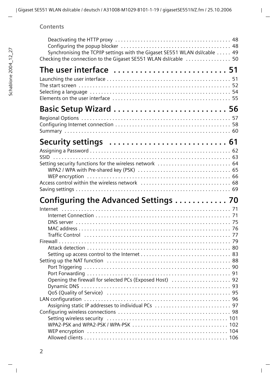 The user interface, Basic setup wizard, Security settings | Configuring the advanced settings | Siemens gigaset SE551 User Manual | Page 4 / 175