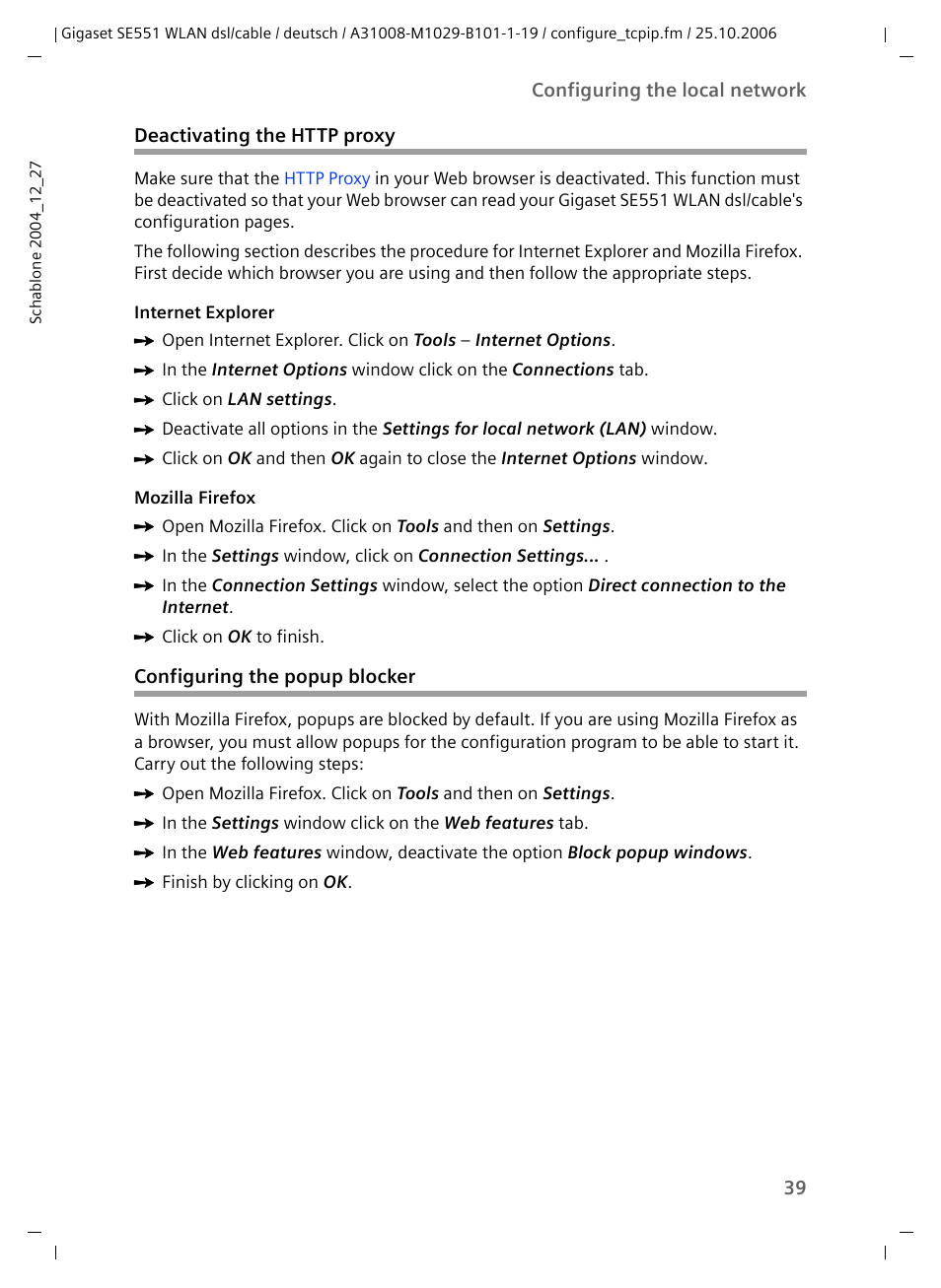 Deactivating the http proxy, Configuring the popup blocker | Siemens gigaset SE551 User Manual | Page 41 / 175