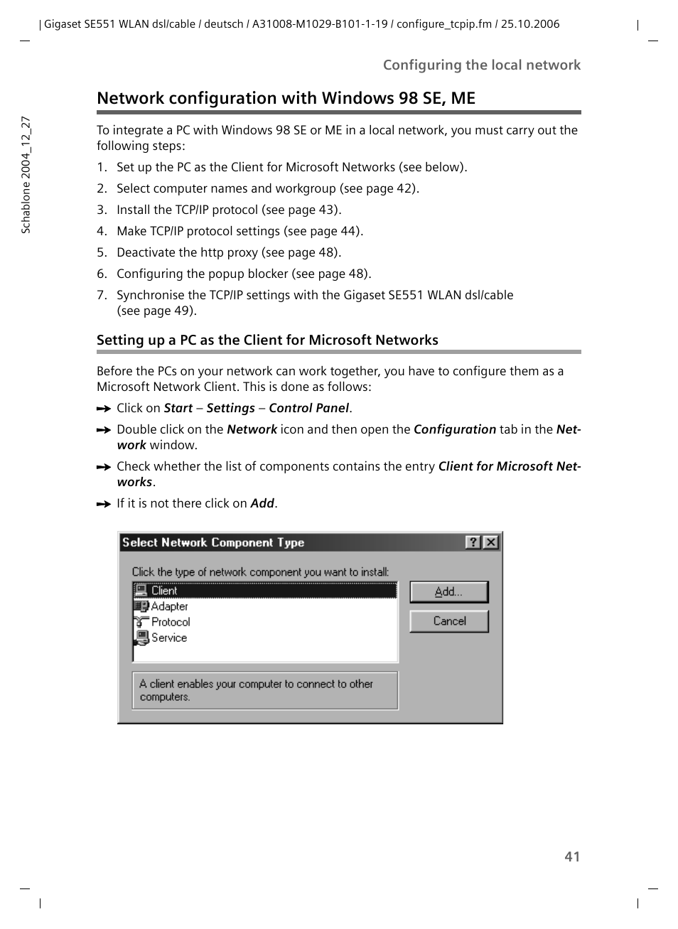 Network configuration with windows 98 se, me | Siemens gigaset SE551 User Manual | Page 43 / 175