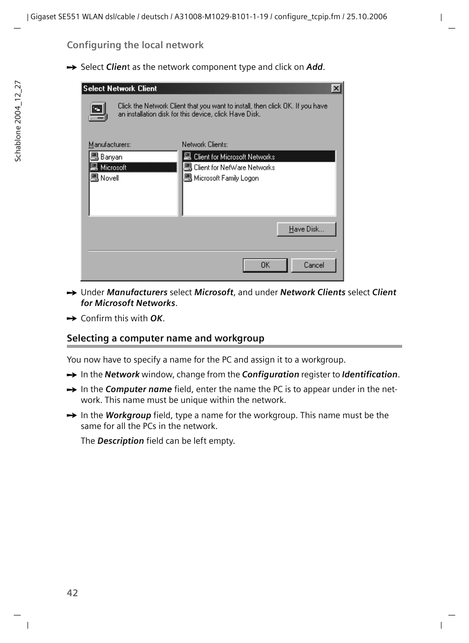 Selecting a computer name and workgroup | Siemens gigaset SE551 User Manual | Page 44 / 175