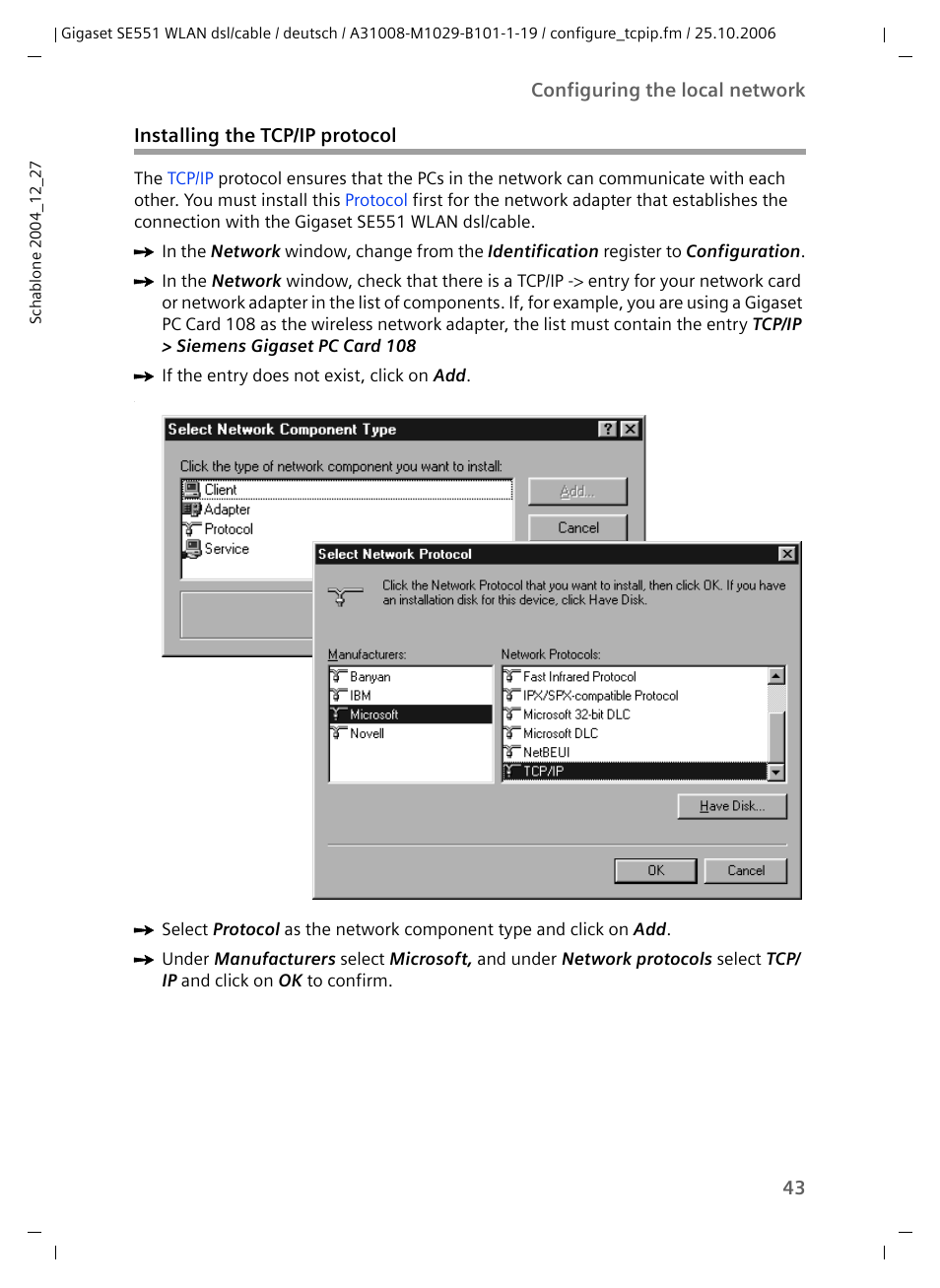 Installing the tcp/ip protocol | Siemens gigaset SE551 User Manual | Page 45 / 175