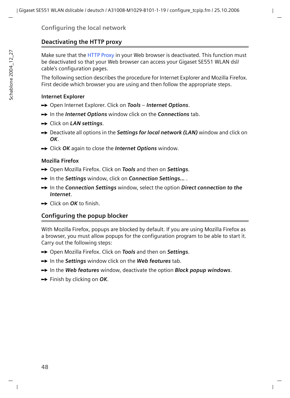 Deactivating the http proxy, Configuring the popup blocker | Siemens gigaset SE551 User Manual | Page 50 / 175