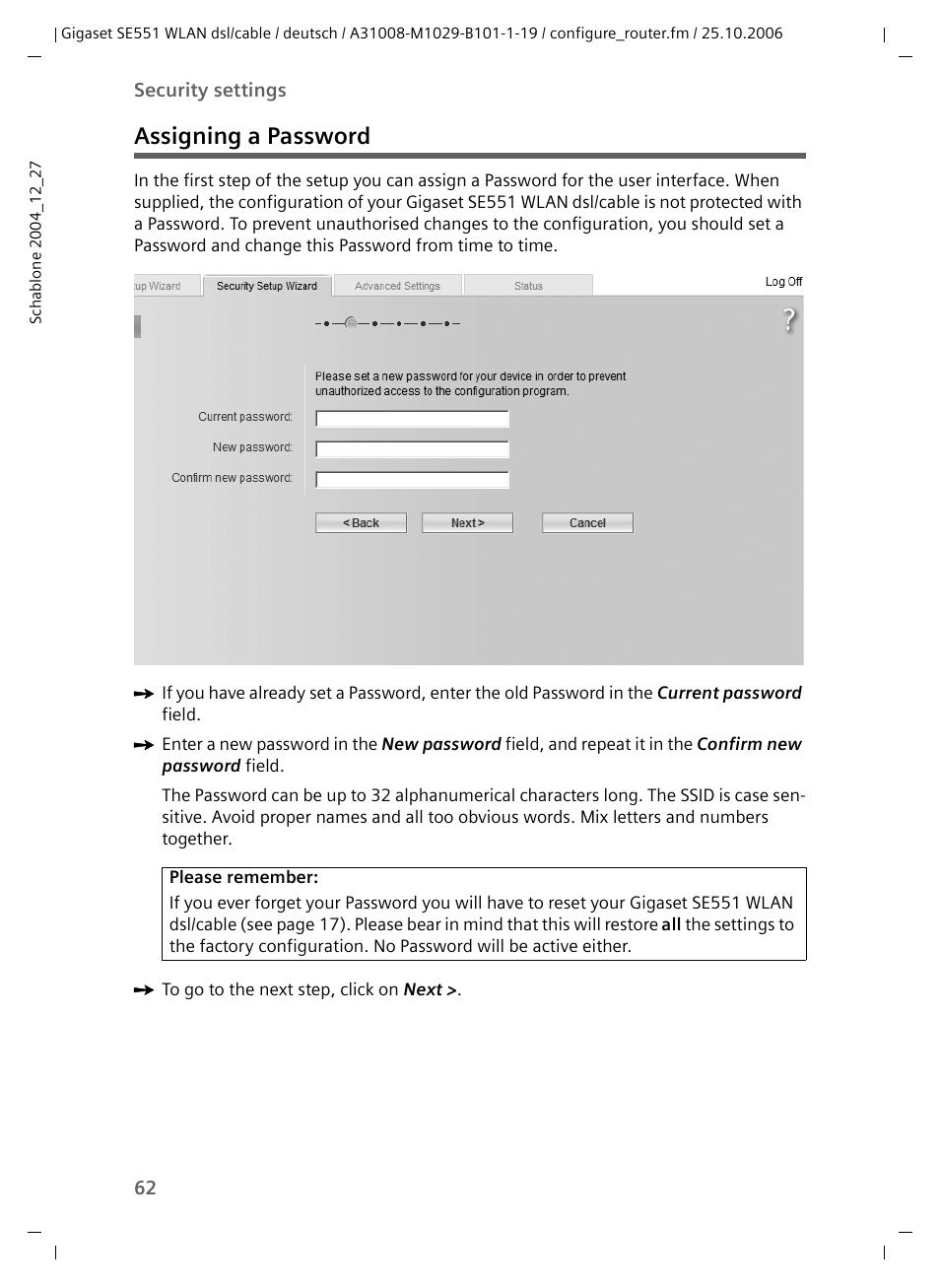 Assigning a password | Siemens gigaset SE551 User Manual | Page 64 / 175