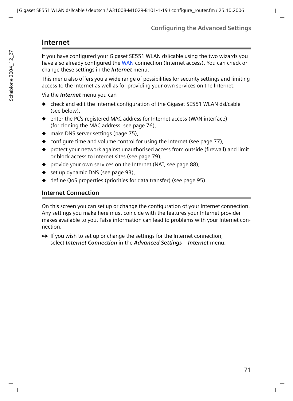 Internet, Internet connection | Siemens gigaset SE551 User Manual | Page 73 / 175