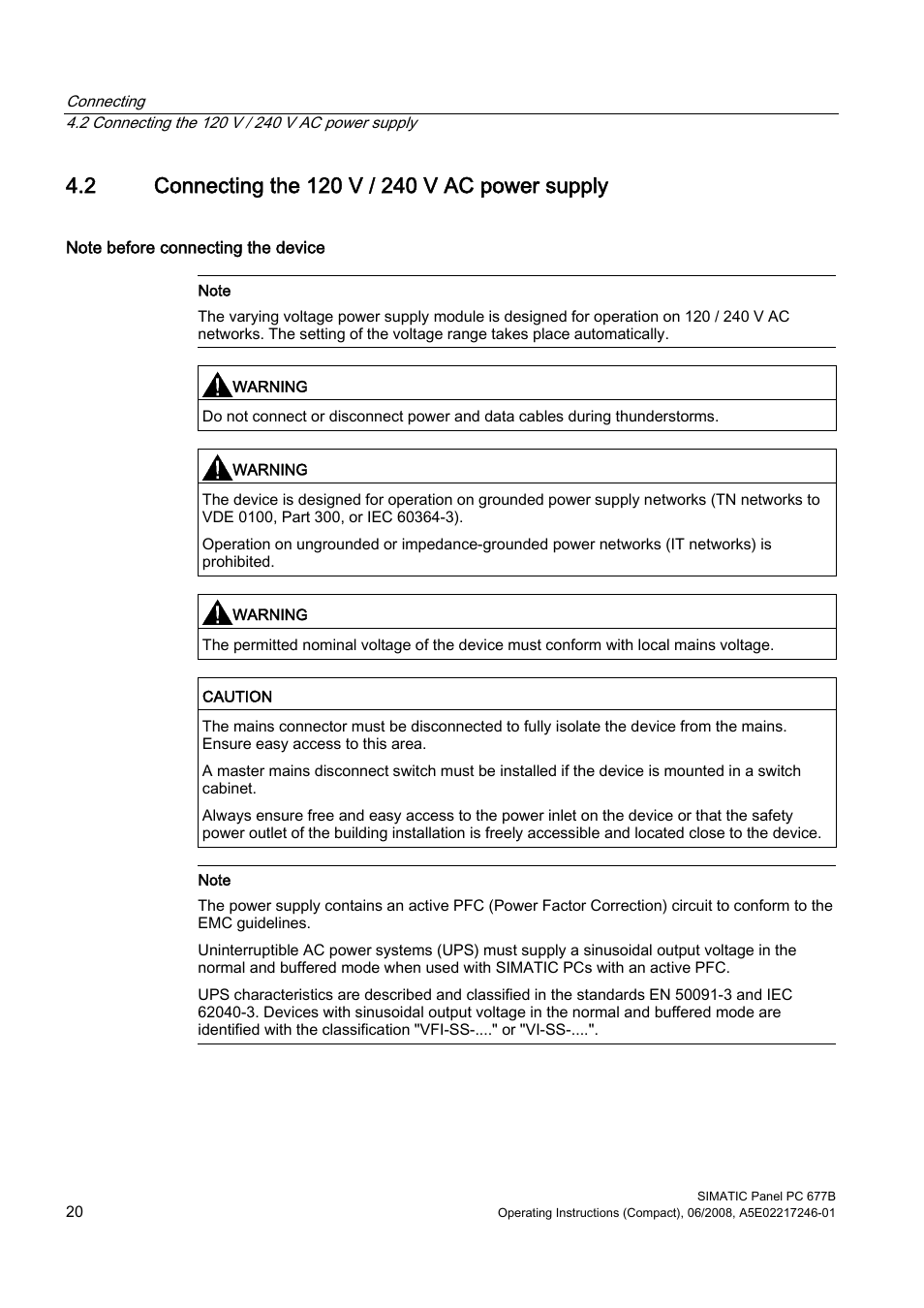 2 connecting the 120 v / 240 v ac power supply | Siemens Industrial PC Simatic Panel PC 677B User Manual | Page 20 / 32