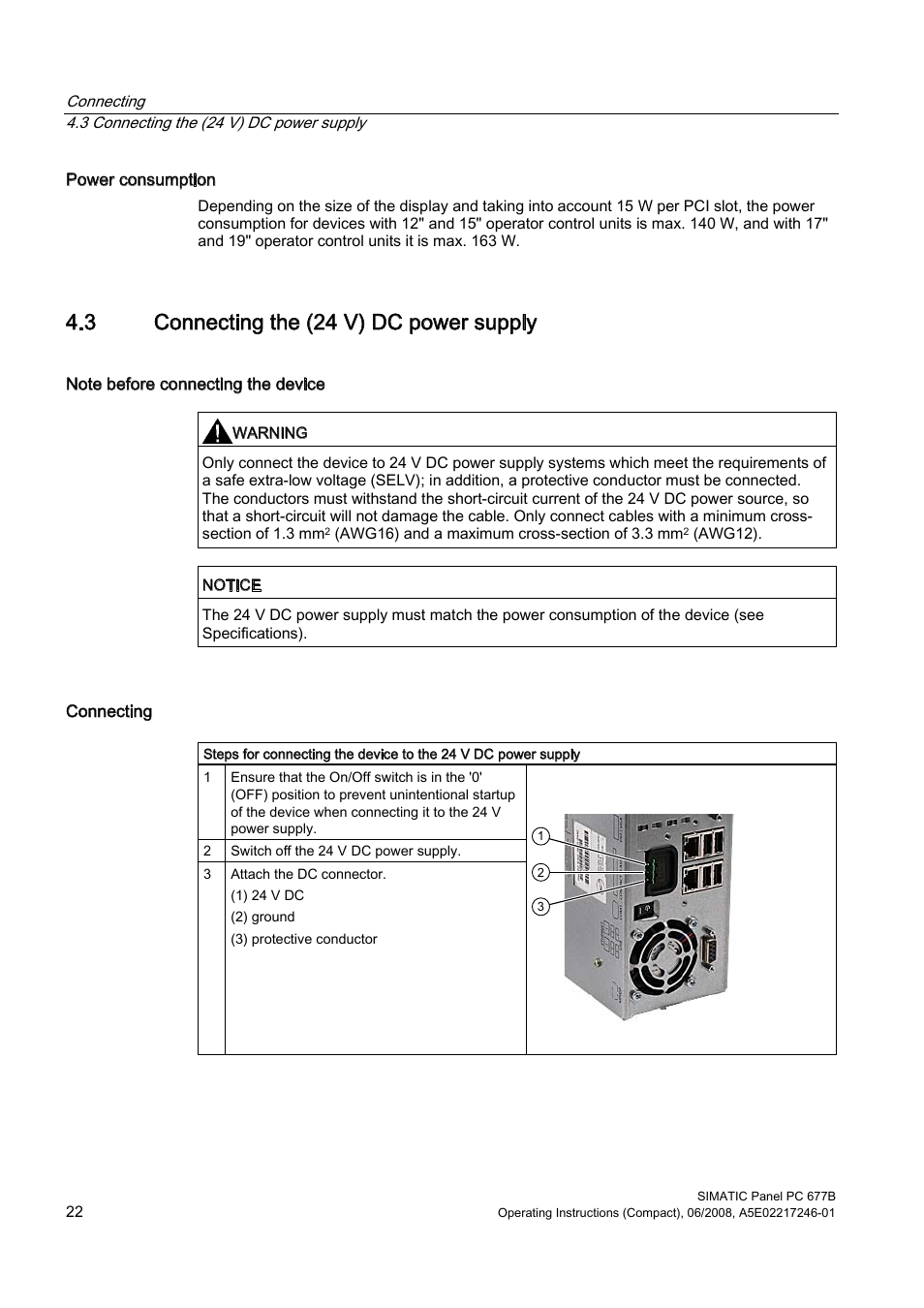 3 connecting the (24 v) dc power supply | Siemens Industrial PC Simatic Panel PC 677B User Manual | Page 22 / 32