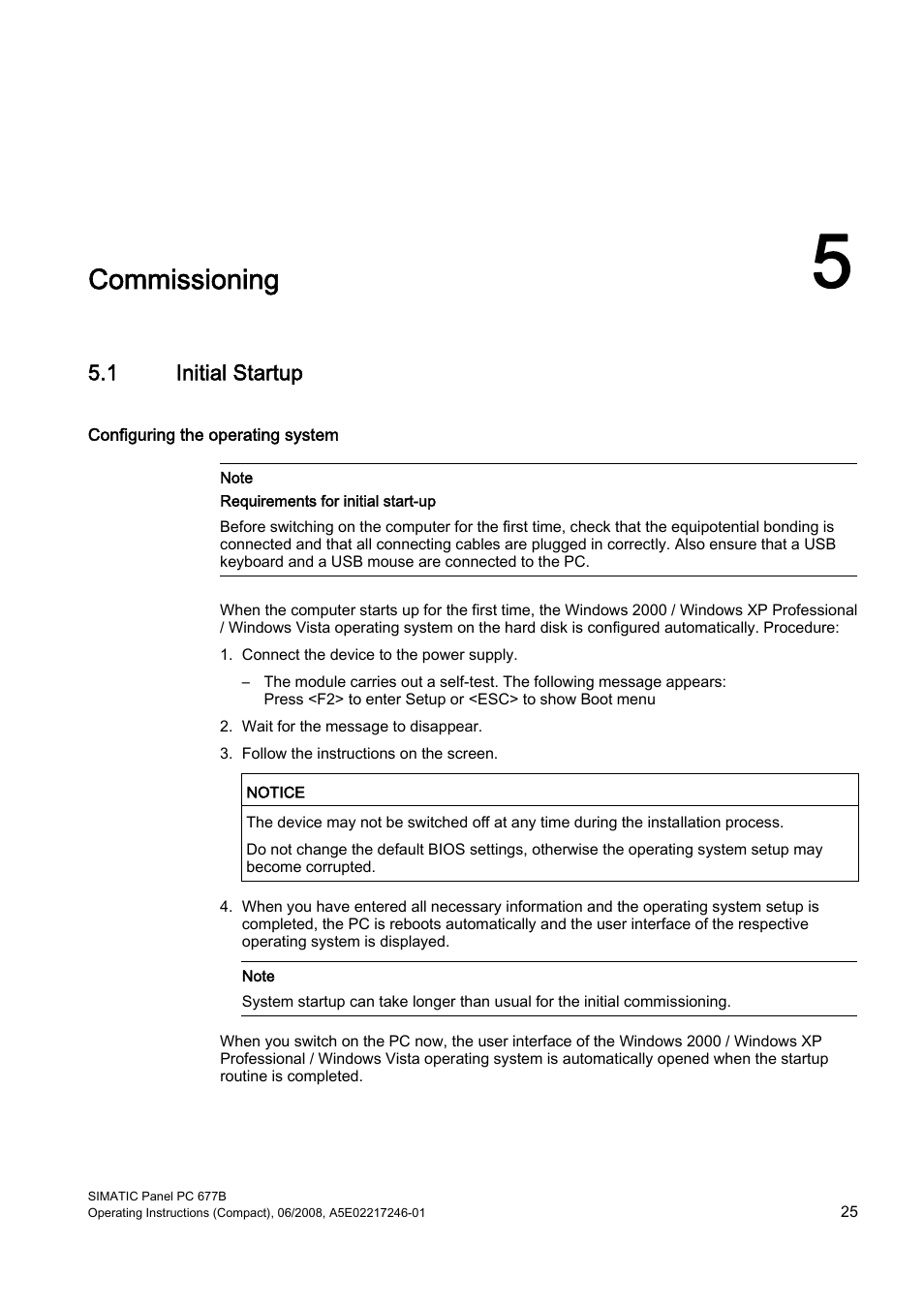 5 commissioning, 1 initial startup, Commissioning | Siemens Industrial PC Simatic Panel PC 677B User Manual | Page 25 / 32