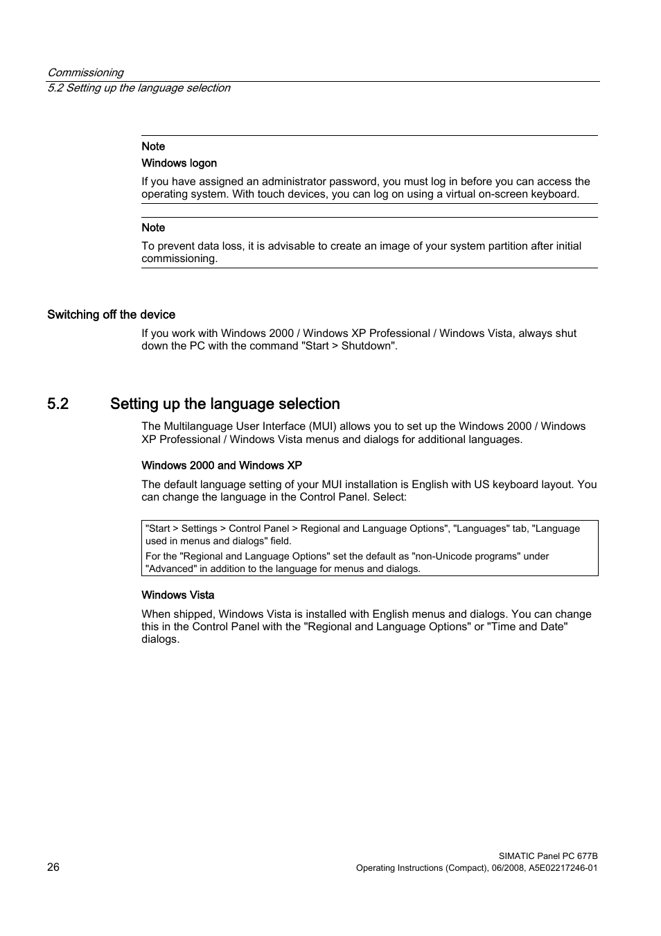 2 setting up the language selection | Siemens Industrial PC Simatic Panel PC 677B User Manual | Page 26 / 32