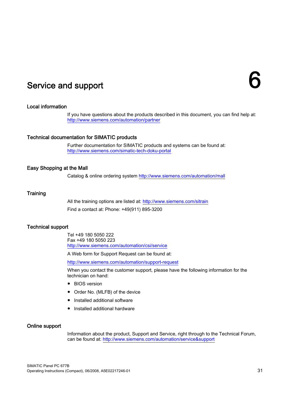 6 service and support, Service and support | Siemens Industrial PC Simatic Panel PC 677B User Manual | Page 31 / 32