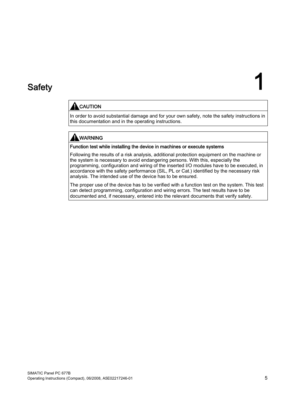 1 safety, Safety | Siemens Industrial PC Simatic Panel PC 677B User Manual | Page 5 / 32