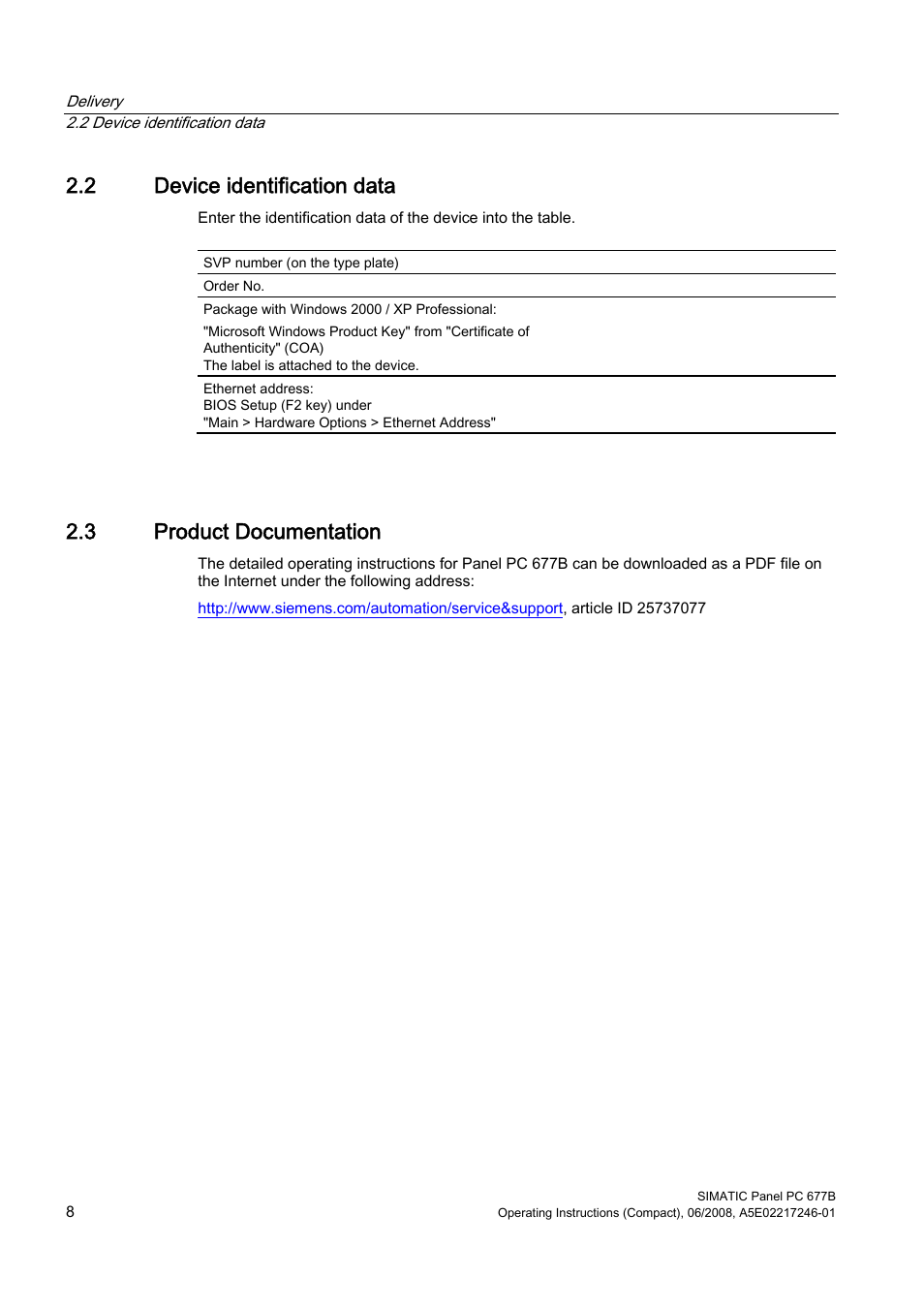 2 device identification data, 3 product documentation | Siemens Industrial PC Simatic Panel PC 677B User Manual | Page 8 / 32