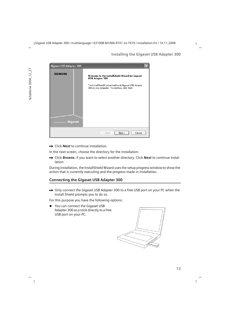 Connecting the gigaset usb adapter 300 | Siemens 300 User Manual | Page 13 / 64