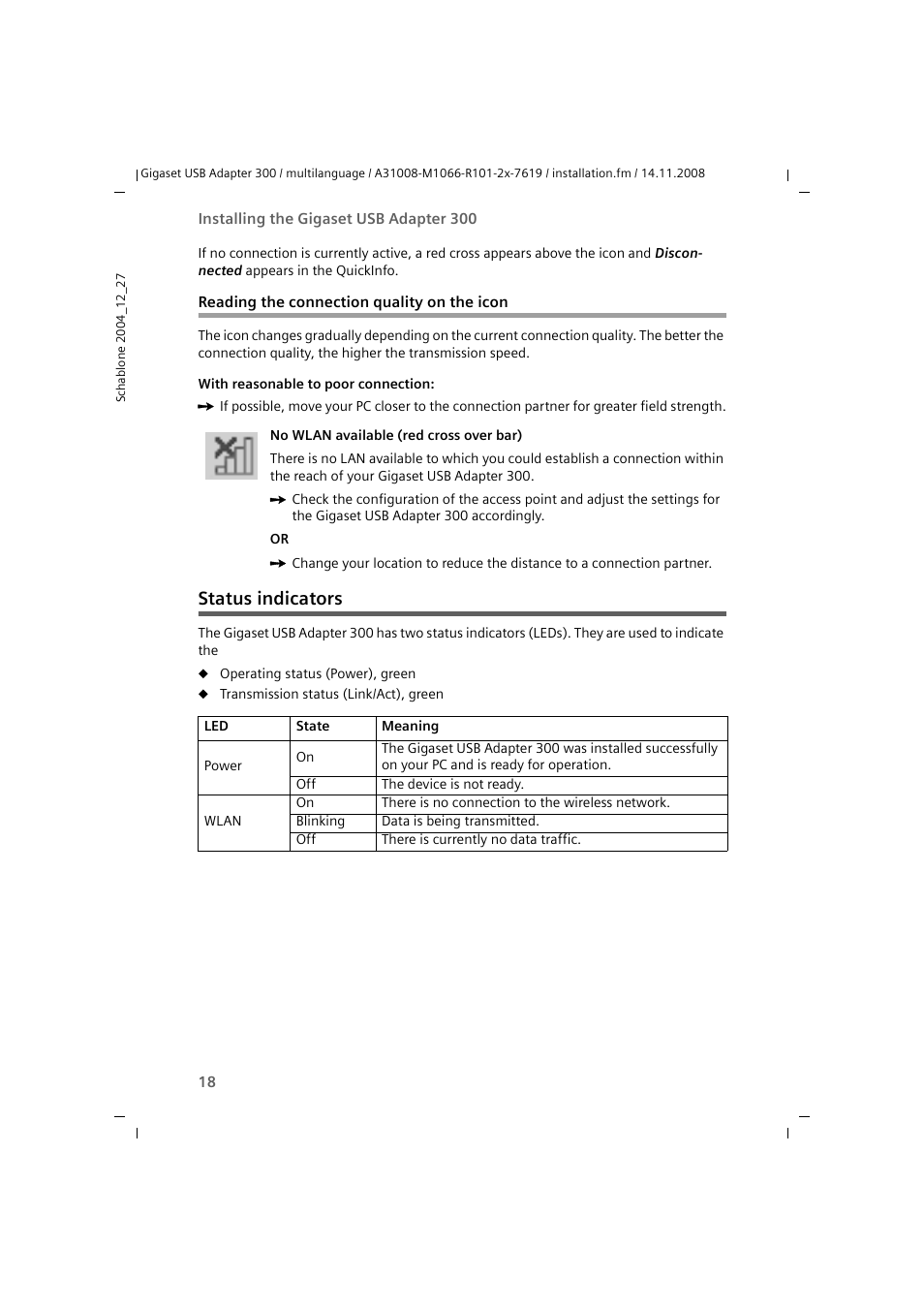 Reading the connection quality on the icon, Status indicators | Siemens 300 User Manual | Page 18 / 64