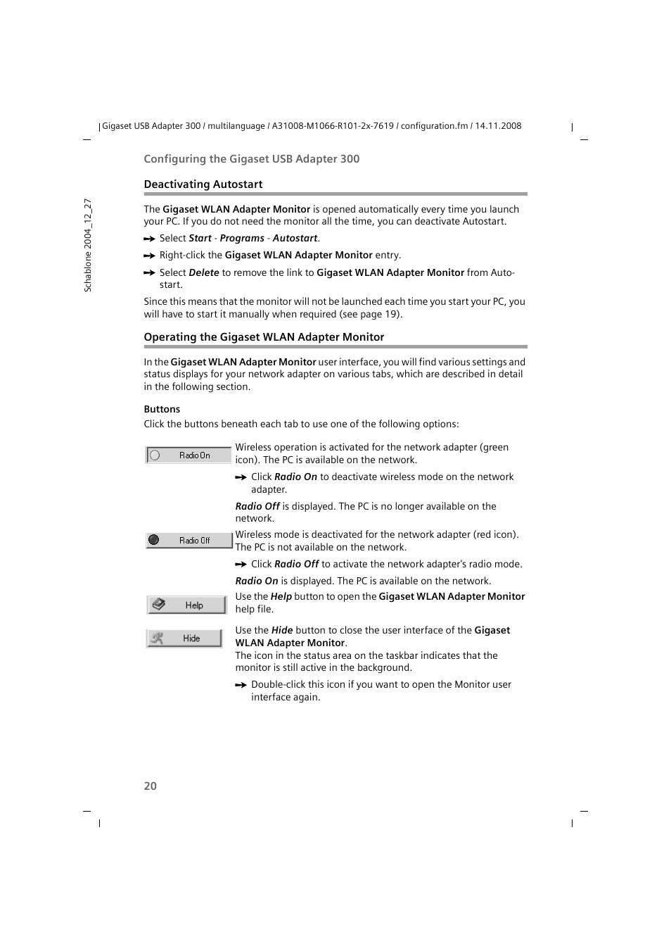 Deactivating autostart, Operating the gigaset wlan adapter monitor | Siemens 300 User Manual | Page 20 / 64