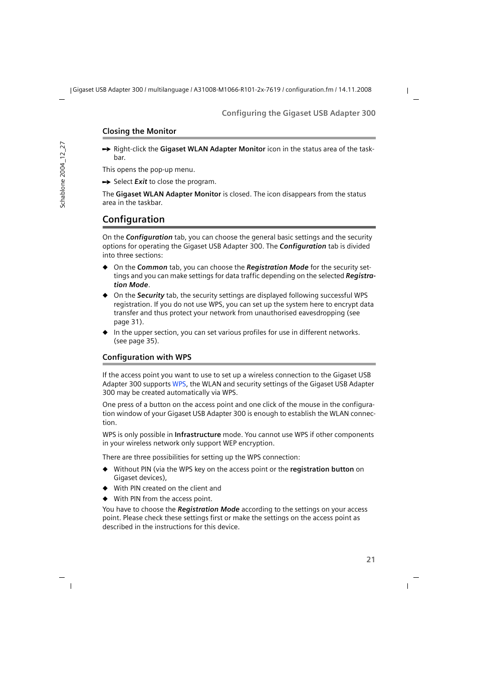 Closing the monitor, Configuration, Configuration with wps | Siemens 300 User Manual | Page 21 / 64