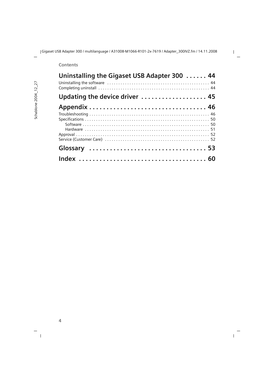 Uninstalling the gigaset usb adapter 300, Updating the device driver appendix, Glossary index | Siemens 300 User Manual | Page 4 / 64