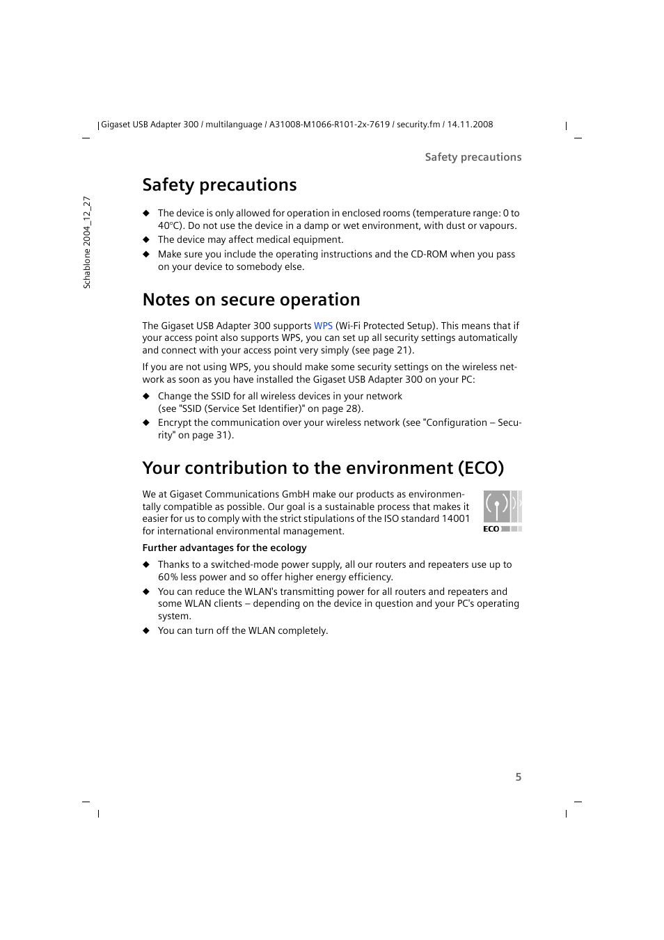 Safety precautions, Notes on secure operation, Your contribution to the environment (eco) | Siemens 300 User Manual | Page 5 / 64