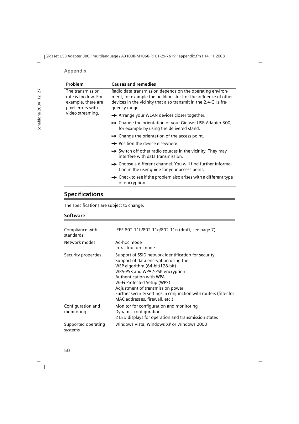 Specifications, Software | Siemens 300 User Manual | Page 50 / 64