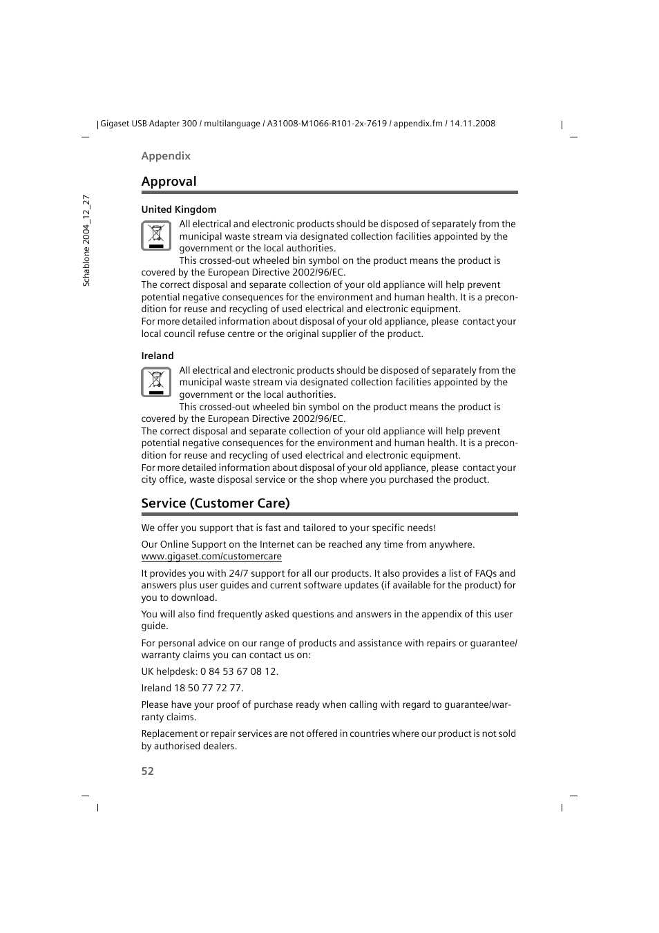 Approval, Service (customer care), Approval service (customer care) | Siemens 300 User Manual | Page 52 / 64