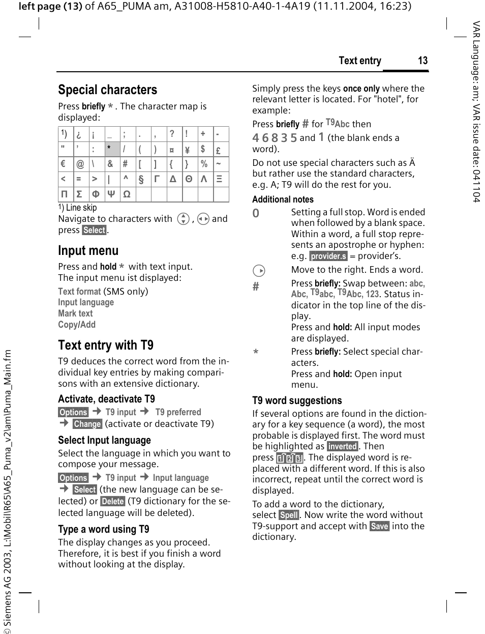 Text entry with t9, Special characters, Input menu | Siemens A65 User Manual | Page 14 / 58