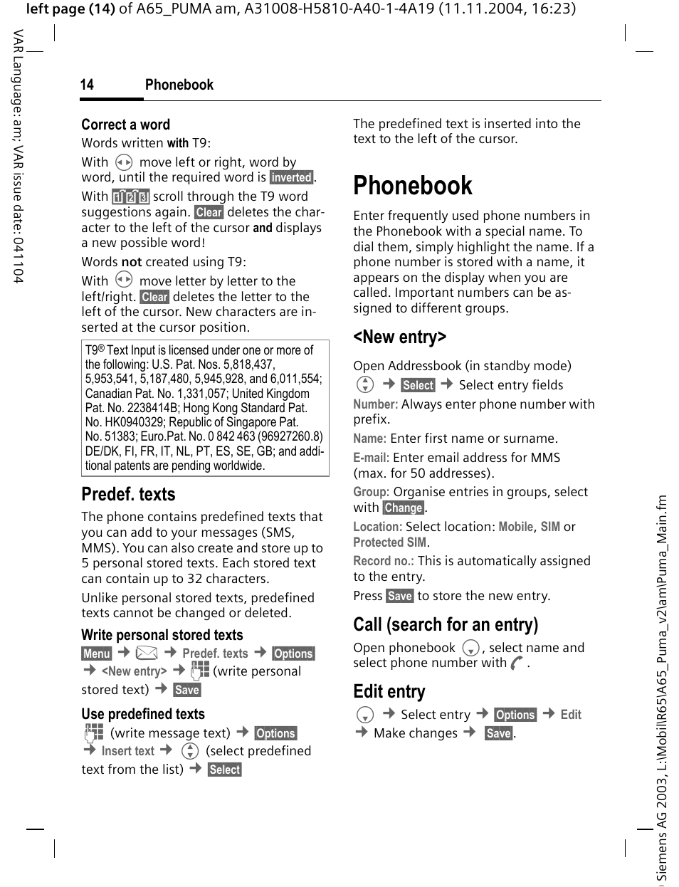 Predef. texts, Phonebook, New entry | Call (search for an entry), Edit entry | Siemens A65 User Manual | Page 15 / 58