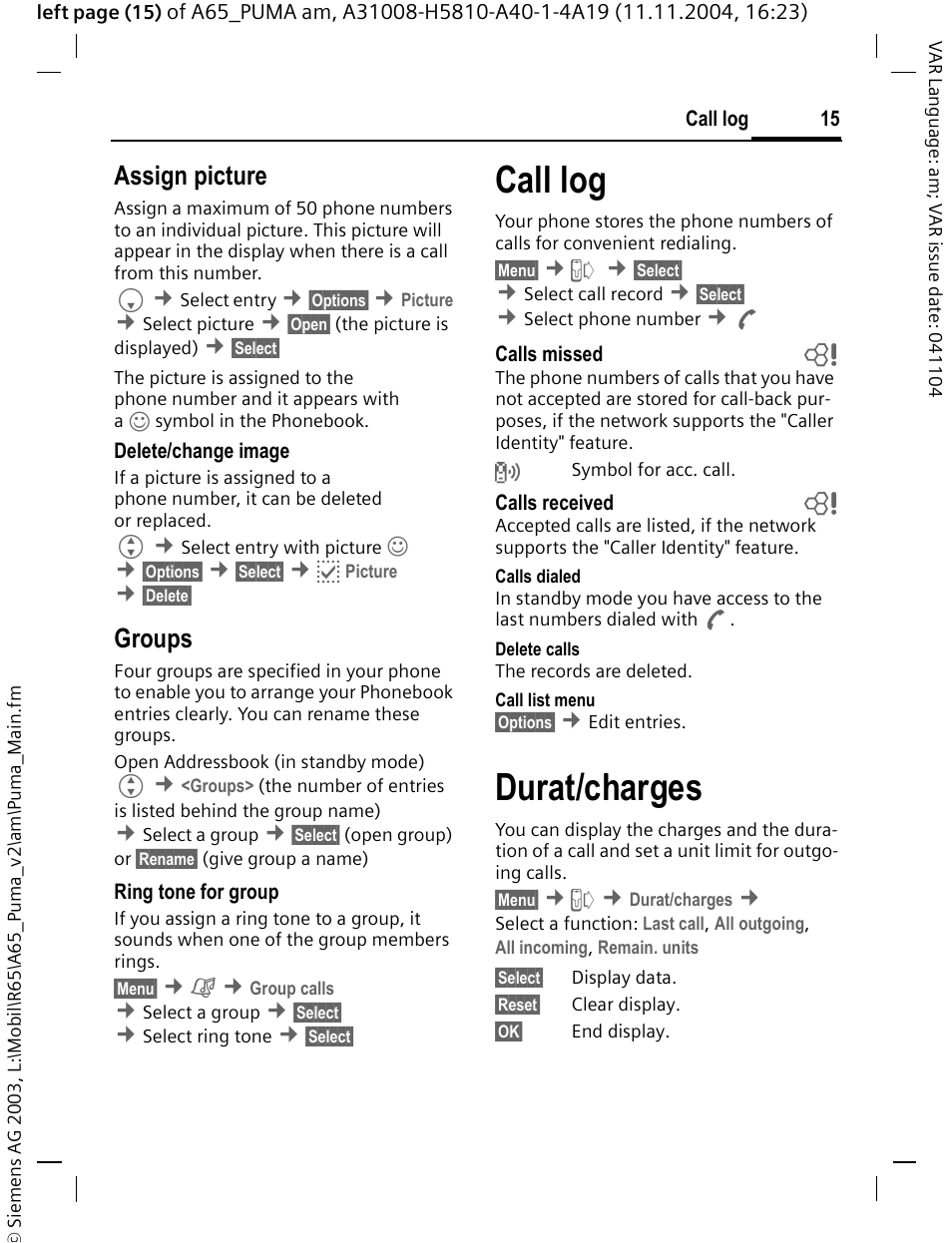 Assign picture, Groups, Call log | Durat/charges | Siemens A65 User Manual | Page 16 / 58