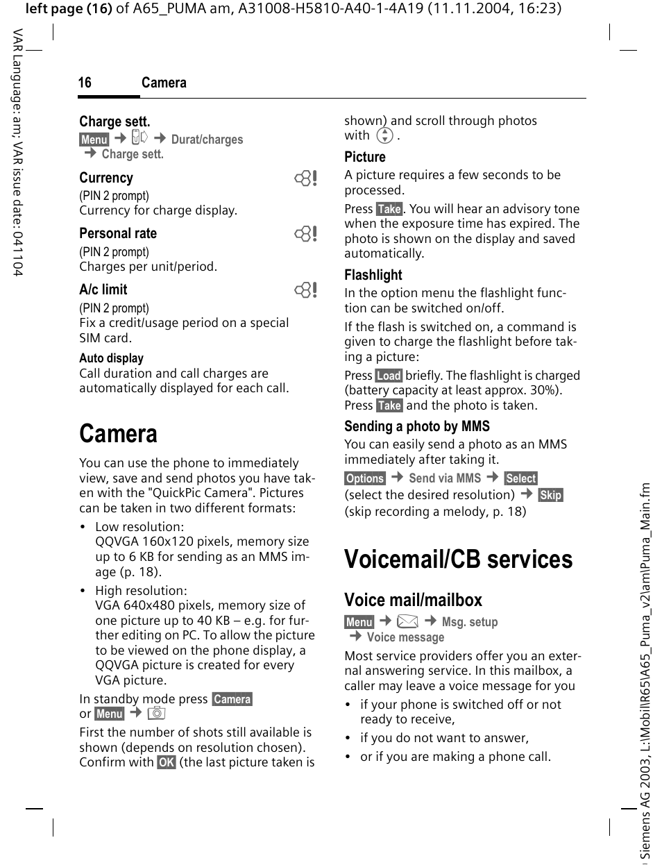 Camera, Voicemail/cb services, Voice mail/mailbox | Siemens A65 User Manual | Page 17 / 58