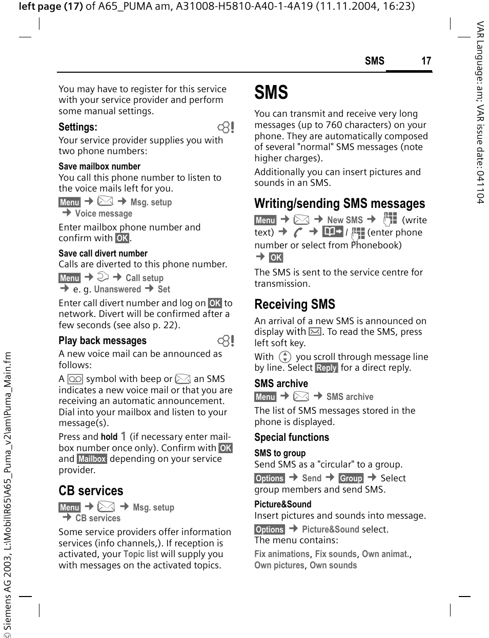 Cb services, Writing/sending sms messages, Receiving sms | Siemens A65 User Manual | Page 18 / 58