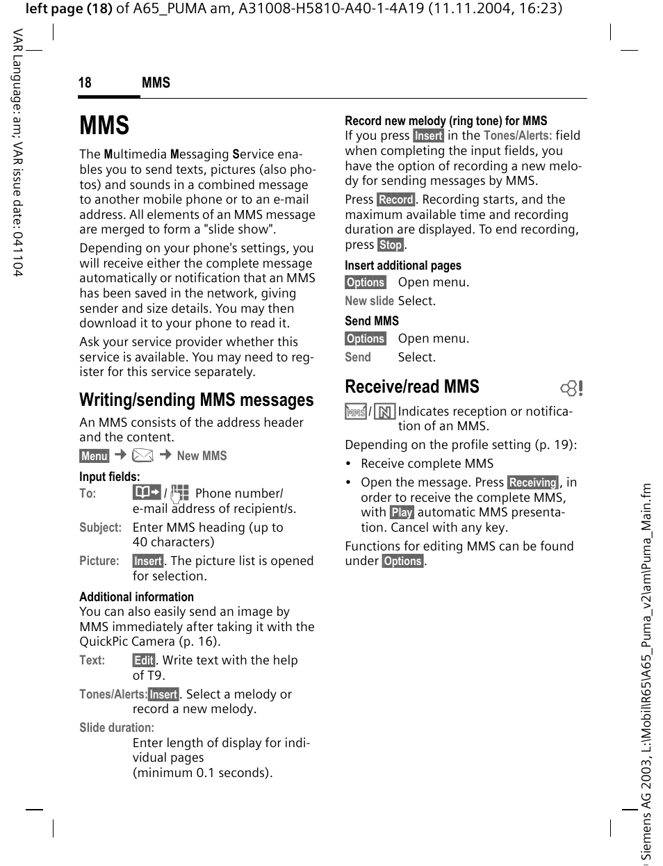 Writing/sending mms messages, Receive/read mms b | Siemens A65 User Manual | Page 19 / 58