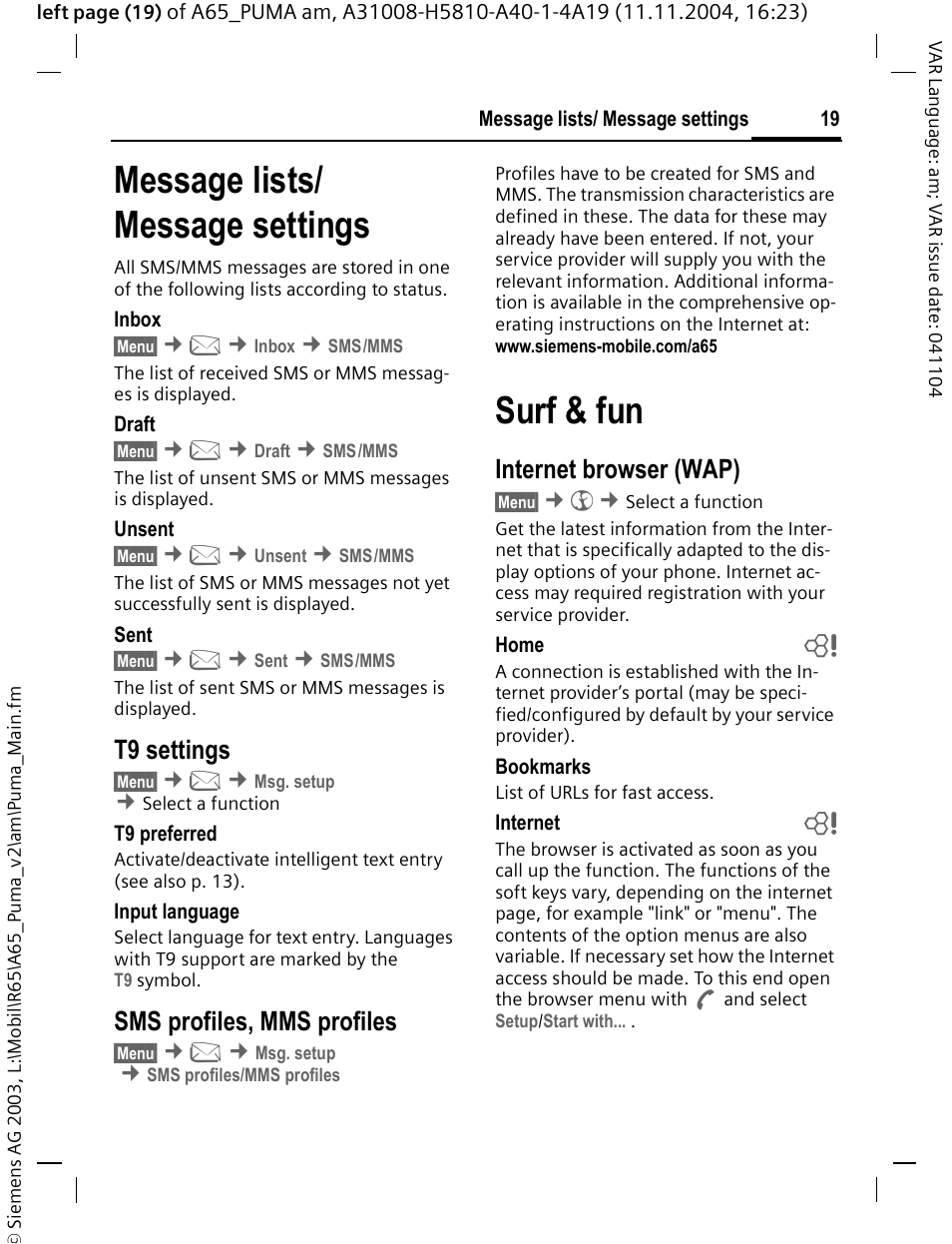 Message lists/ message settings, Surf & fun, Internet browser (wap) | Message lists, Message settings, T9 settings, Sms profiles, mms profiles | Siemens A65 User Manual | Page 20 / 58