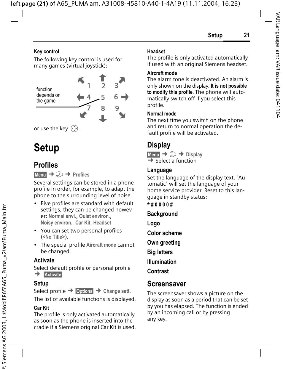 Setup, Profiles, Display | Screensaver | Siemens A65 User Manual | Page 22 / 58