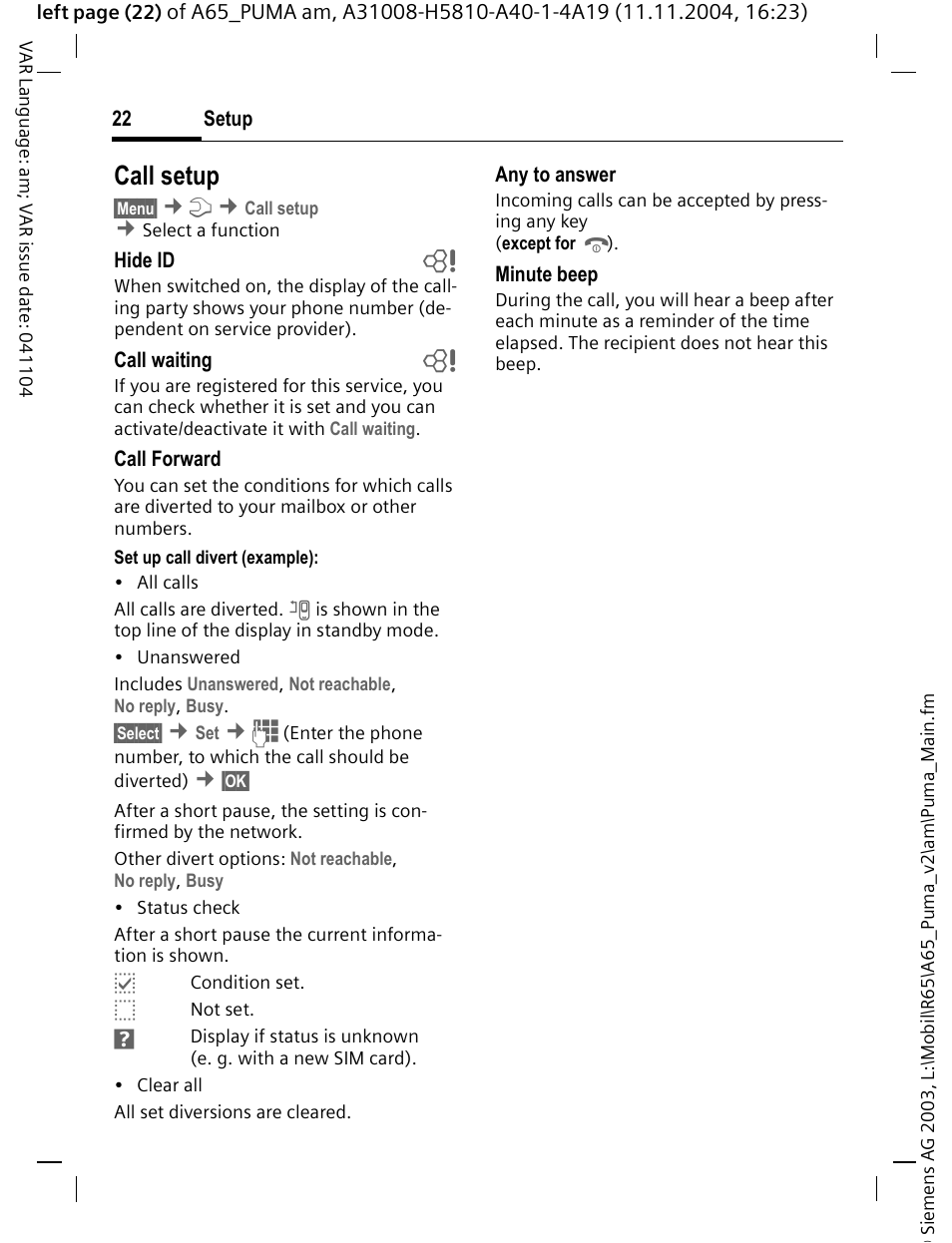 Call setup | Siemens A65 User Manual | Page 23 / 58