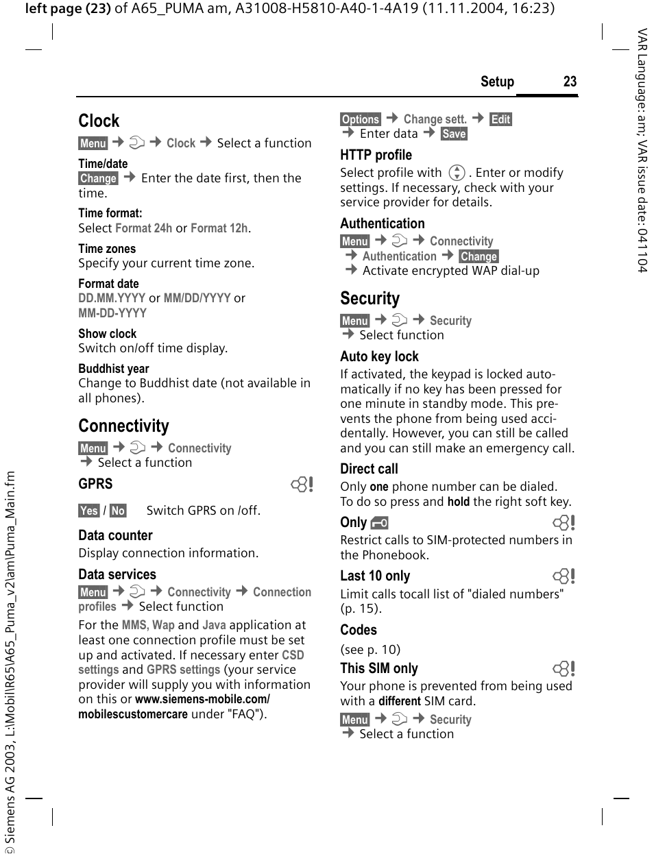 Clock, Connectivity, Security | Siemens A65 User Manual | Page 24 / 58