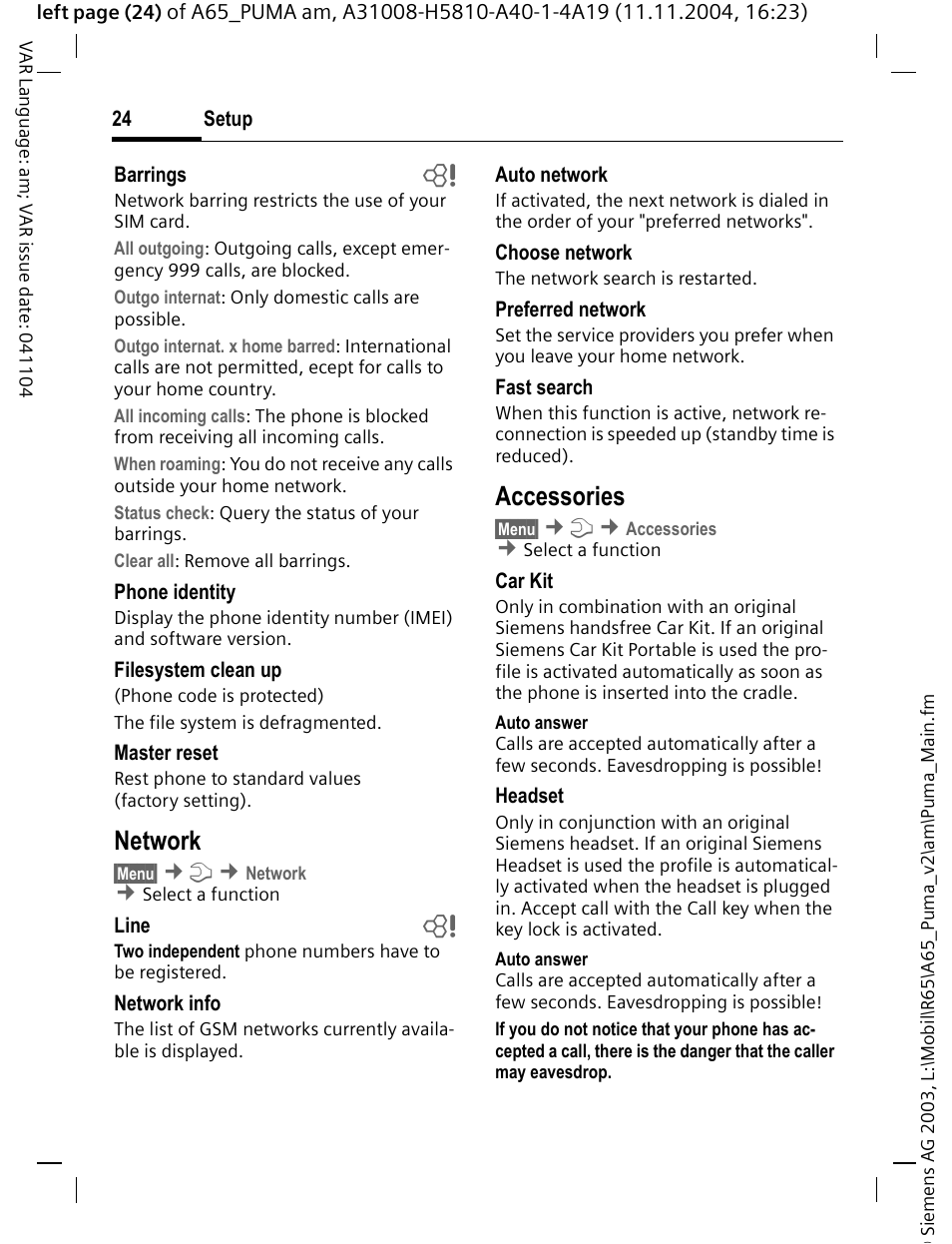 Network, Accessories | Siemens A65 User Manual | Page 25 / 58