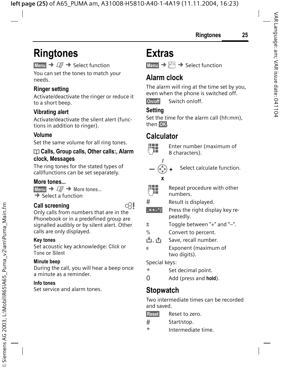 Ringtones, Extras, Alarm clock | Calculator, Stopwatch | Siemens A65 User Manual | Page 26 / 58