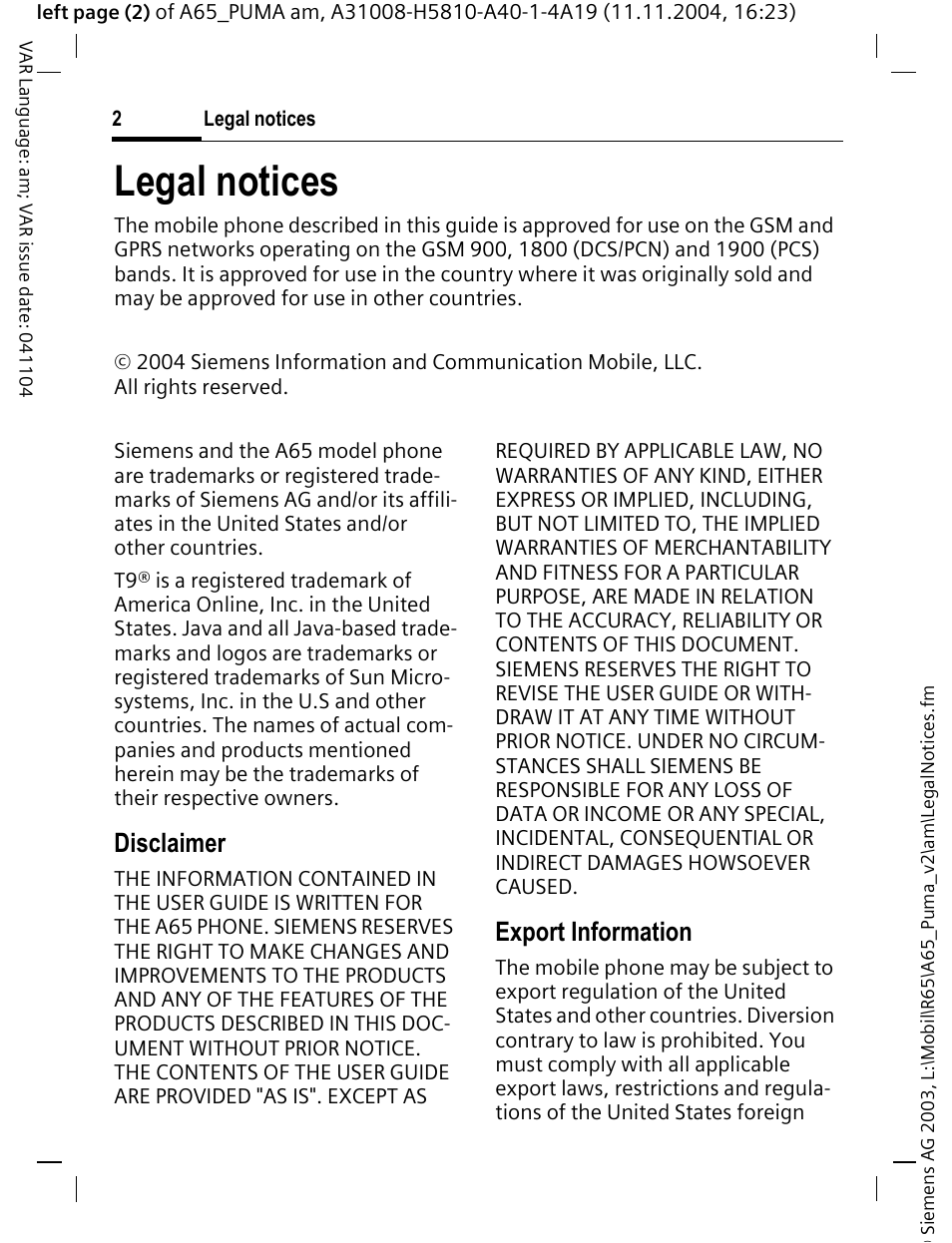 Disclaimer, Export information, Legal notices | Siemens A65 User Manual | Page 3 / 58