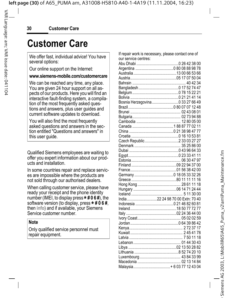 Customer care | Siemens A65 User Manual | Page 31 / 58