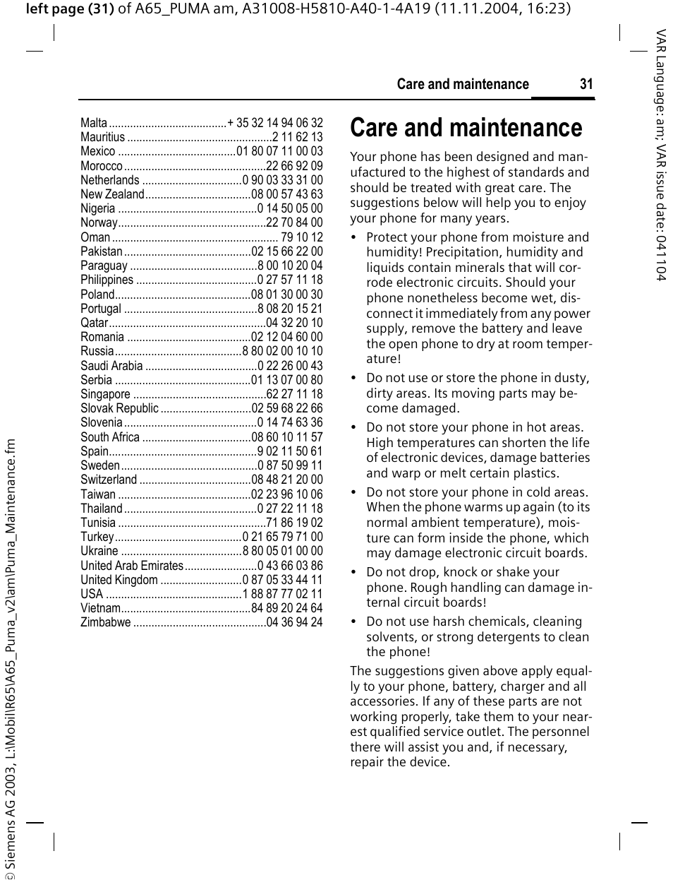 Care and maintenance, Care and maintenance | Siemens A65 User Manual | Page 32 / 58