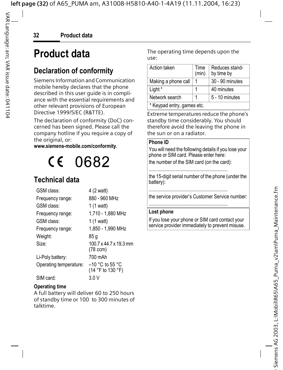 Product data, Declaration of conformity, Technical data | Siemens A65 User Manual | Page 33 / 58