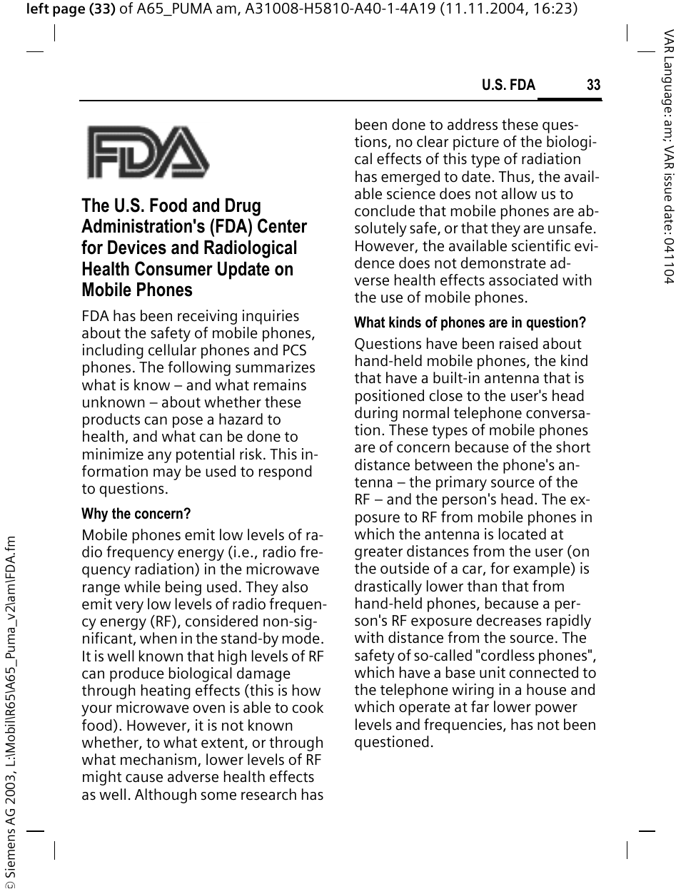 U.s. fda | Siemens A65 User Manual | Page 34 / 58