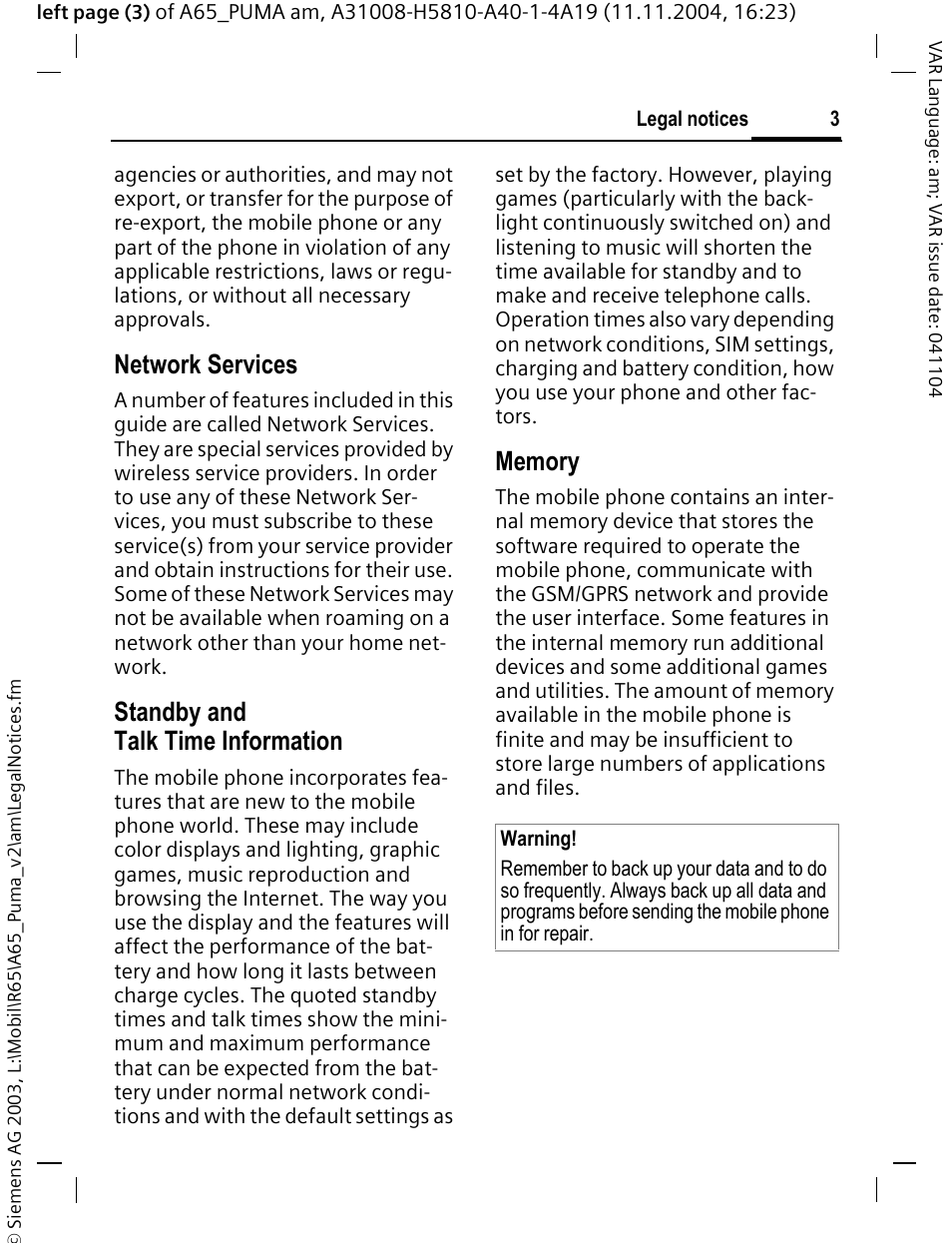 Network services, Standby and talk time information, Memory | Siemens A65 User Manual | Page 4 / 58