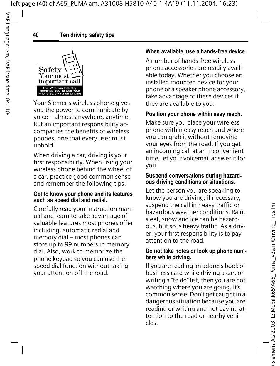 Ten driving safety tips | Siemens A65 User Manual | Page 41 / 58