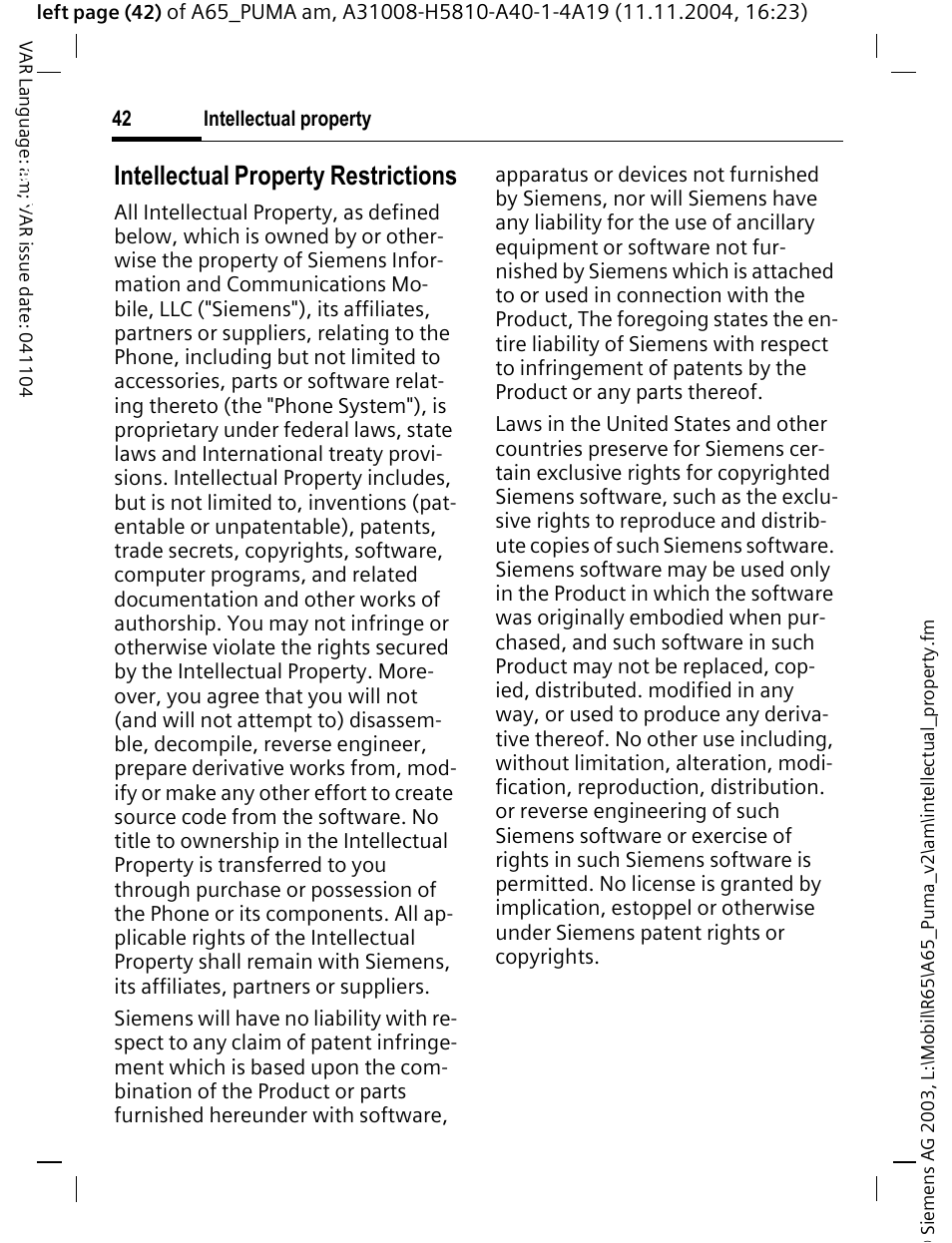 Intellectual property, Intellectual property restrictions | Siemens A65 User Manual | Page 43 / 58