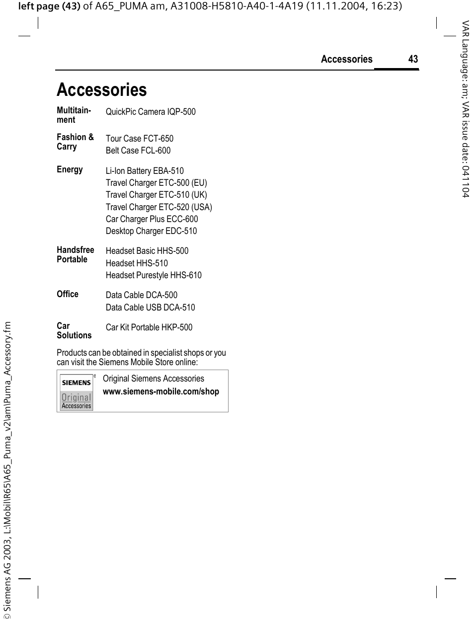 Accessories | Siemens A65 User Manual | Page 44 / 58