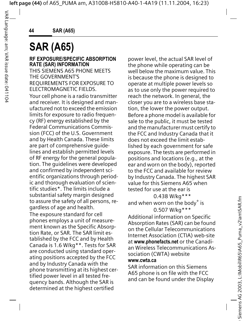 Sar (a65) | Siemens A65 User Manual | Page 45 / 58